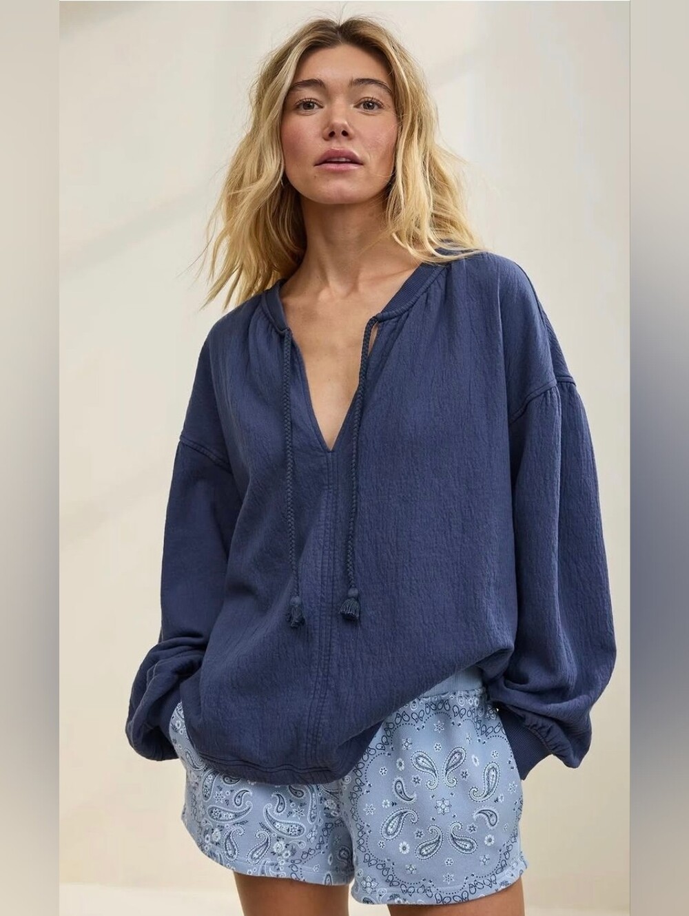 aerie Navy Blue V-Neck Pullover with Tassel Ties